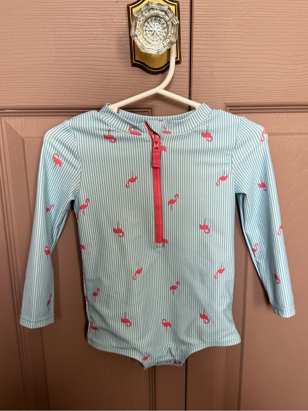 Carter's Light Blue Long-Sleeve One-Piece Swimsuit with Pink Flamingos